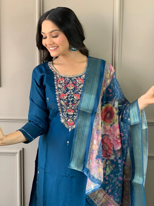 99 Fashion Bazaar Straight Emboridery Kurti Set in Viscose Chanderi Fabric with Printed Dupatta.  - Royal Blue, XXL