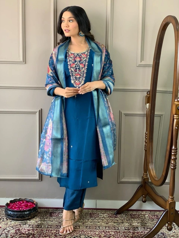 99 Fashion Bazaar Straight Emboridery Kurti Set in Viscose Chanderi Fabric with Printed Dupatta.  - Royal Blue, XXL