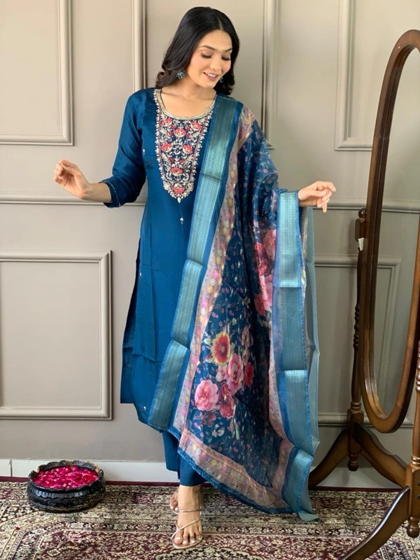 99 Fashion Bazaar Straight Emboridery Kurti Set in Viscose Chanderi Fabric with Printed Dupatta.  - Royal Blue, XXL