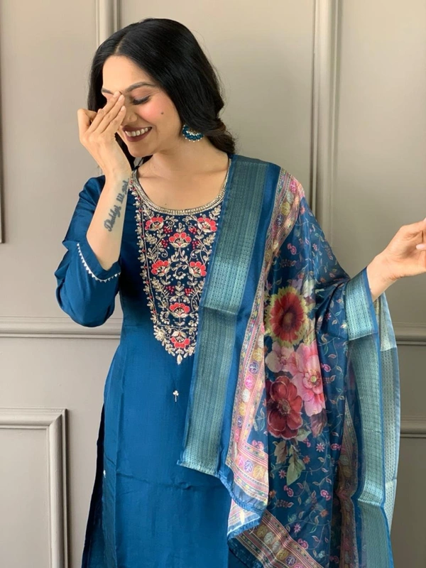 99 Fashion Bazaar Straight Emboridery Kurti Set in Viscose Chanderi Fabric with Printed Dupatta.  - Royal Blue, XXL