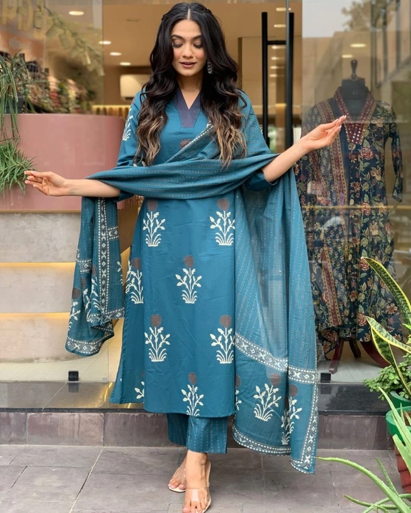 99 Fashion Bazaar Floral Printed Straight Pure Cotton Kurta with Trousers & Dupatta - Dodger Blue, L