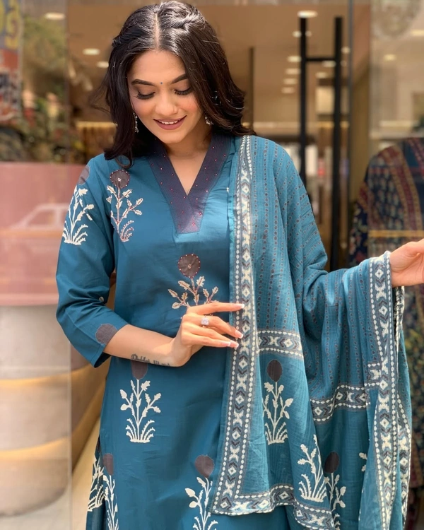 99 Fashion Bazaar Floral Printed Straight Pure Cotton Kurta with Trousers & Dupatta - Dodger Blue, L