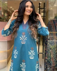 99 Fashion Bazaar Floral Printed Straight Pure Cotton Kurta with Trousers & Dupatta - Dodger Blue, L