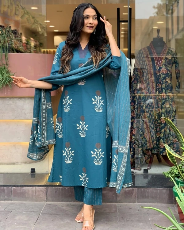 99 Fashion Bazaar Floral Printed Straight Pure Cotton Kurta with Trousers & Dupatta - Dodger Blue, L