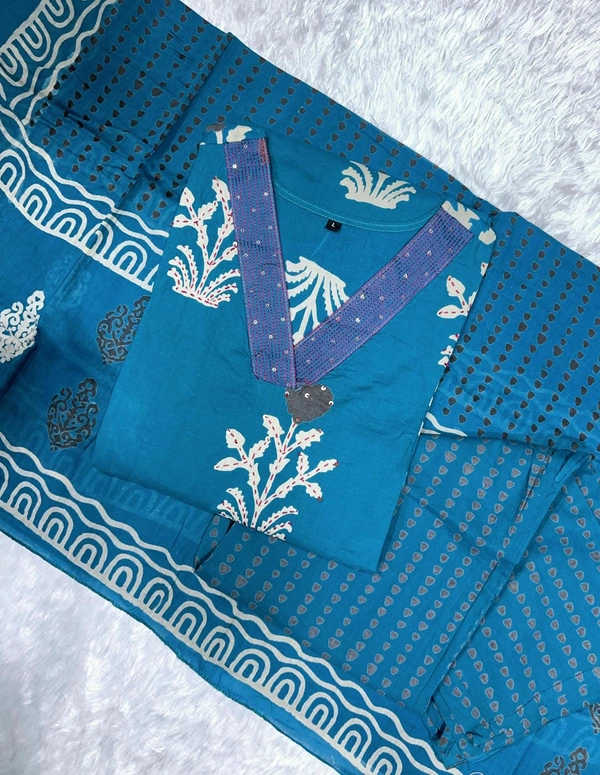 99 Fashion Bazaar Floral Printed Straight Pure Cotton Kurta with Trousers & Dupatta - Dodger Blue, L