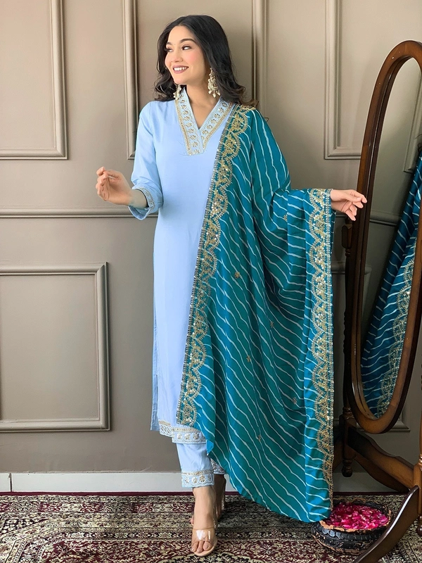 99 Fashion Bazaar Women Embroidered Viscose Silk Blend kurta Pant Dupatta set - Bright Turquoise, L