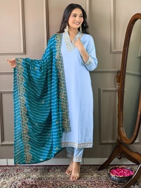 99 Fashion Bazaar Women Embroidered Viscose Silk Blend kurta Pant Dupatta set - Bright Turquoise, L