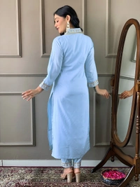 99 Fashion Bazaar Women Embroidered Viscose Silk Blend kurta Pant Dupatta set - Bright Turquoise, L