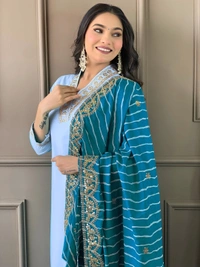 99 Fashion Bazaar Women Embroidered Viscose Silk Blend kurta Pant Dupatta set - Bright Turquoise, L