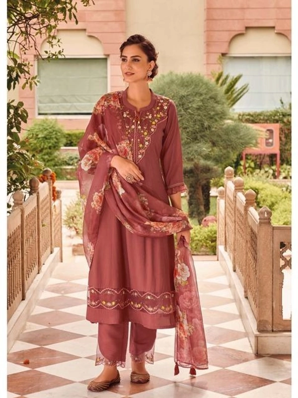 99 Fashion Bazaar Straight Kurti Set in Maslin with Embroidery Neck Yoke and Printed Dupatta.  - Cape Palliser, M