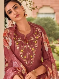 99 Fashion Bazaar Straight Kurti Set in Maslin with Embroidery Neck Yoke and Printed Dupatta.  - Cape Palliser, M