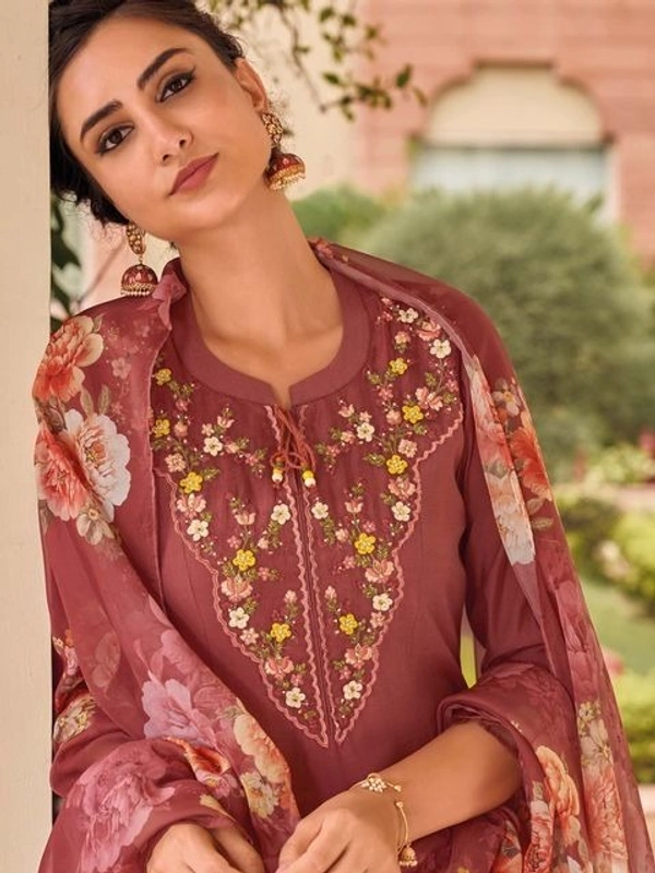 99 Fashion Bazaar Straight Kurti Set in Maslin with Embroidery Neck Yoke and Printed Dupatta.  - Cape Palliser, M