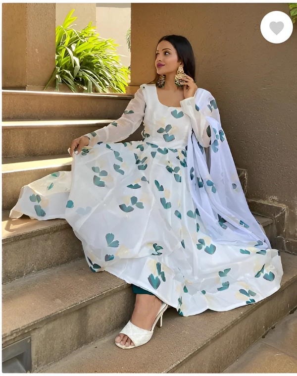 99 Fashion Bazaar Flaired Gown Set with Dupatta in Georgette Fabric - Japanese Laurel, S