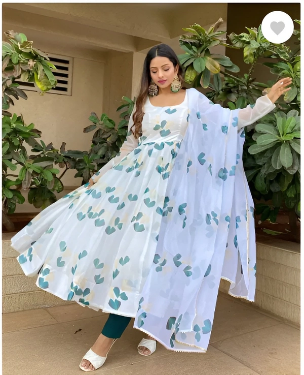 99 Fashion Bazaar Flaired Gown Set with Dupatta in Georgette Fabric - Japanese Laurel, S