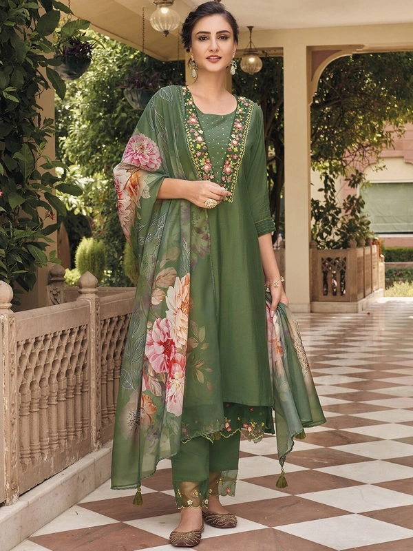 99 Fashion Bazaar Straight Kurti Set in Maslin with Embroidery Neck Yoke and Printed Dupatta.  - Killarney, S