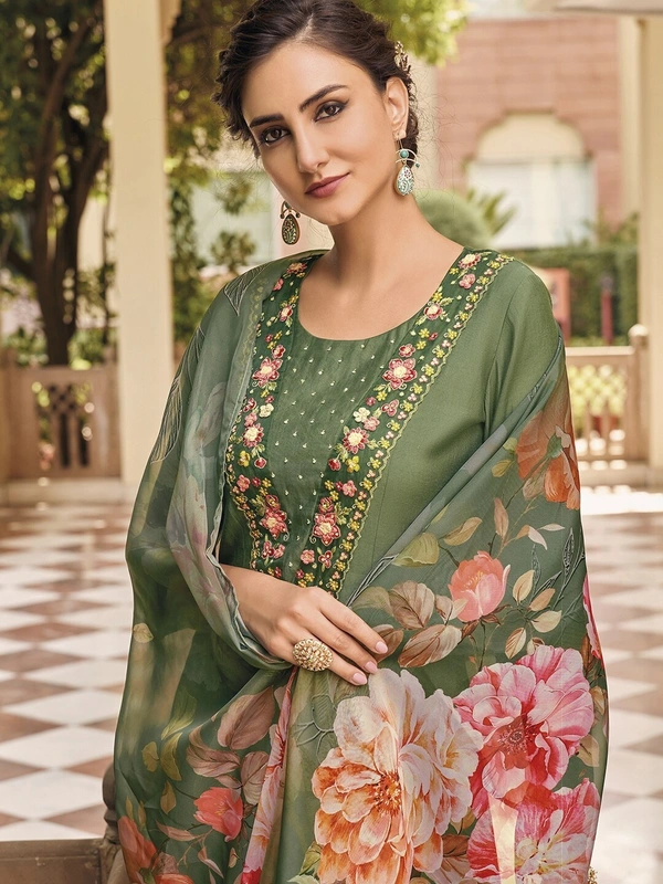 99 Fashion Bazaar Straight Kurti Set in Maslin with Embroidery Neck Yoke and Printed Dupatta.  - Killarney, S