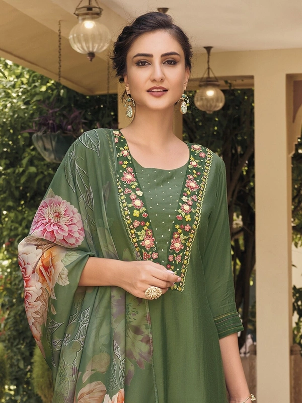 99 Fashion Bazaar Straight Kurti Set in Maslin with Embroidery Neck Yoke and Printed Dupatta.  - Killarney, M