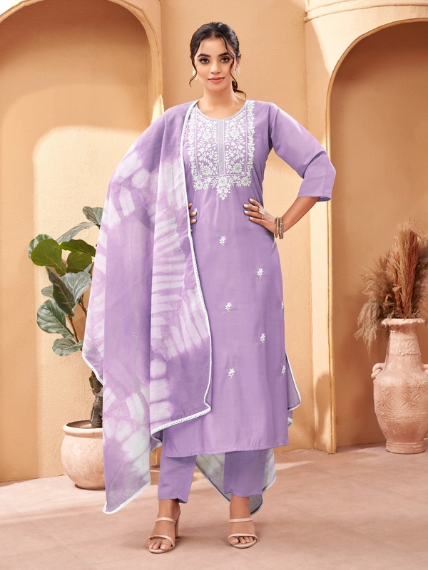 99 Fashion Bazaar Straight Kurti Set in Viscose Chanderi with Embroidery Neck Yoke and Shibori Print Dupatta.  - Lavender Rose, XXL