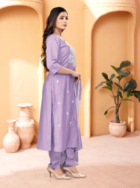 99 Fashion Bazaar Straight Kurti Set in Viscose Chanderi with Embroidery Neck Yoke and Shibori Print Dupatta.  - Lavender Rose, XXL