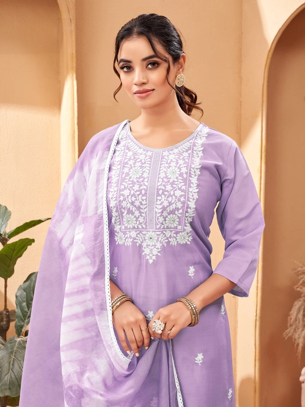 99 Fashion Bazaar Straight Kurti Set in Viscose Chanderi with Embroidery Neck Yoke and Shibori Print Dupatta.  - Lavender Rose, XXL