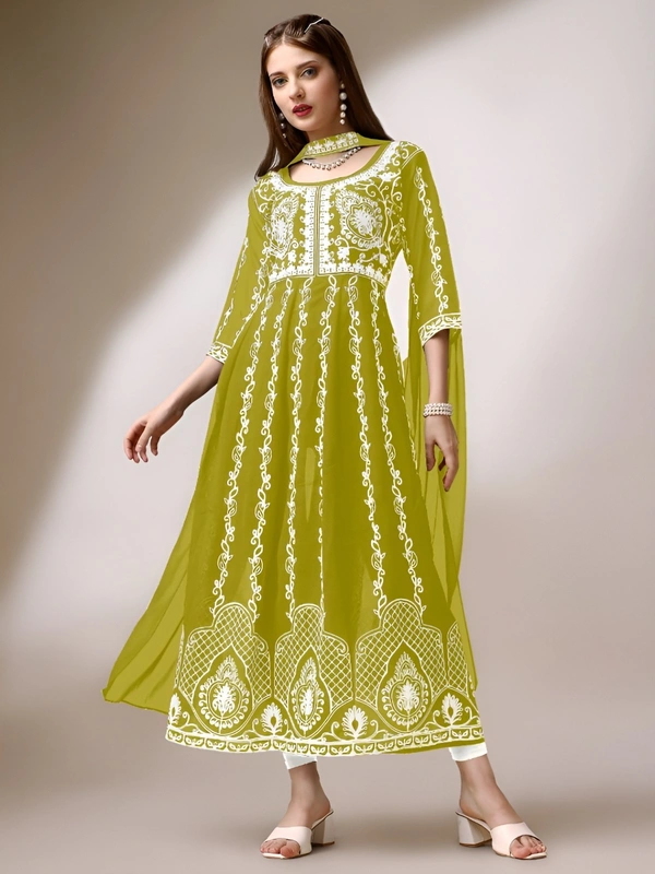 99 Fashion Bazaar Women's Chikankari Kurta with Dupatta Set - Laser Lemon, XXL