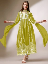 99 Fashion Bazaar Women's Chikankari Kurta with Dupatta Set - Laser Lemon, M