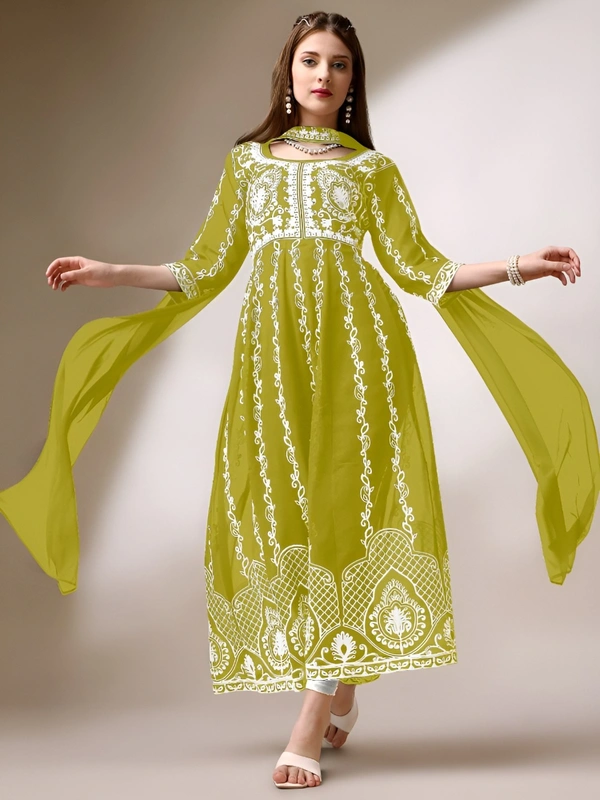 99 Fashion Bazaar Women's Chikankari Kurta with Dupatta Set - Laser Lemon, M