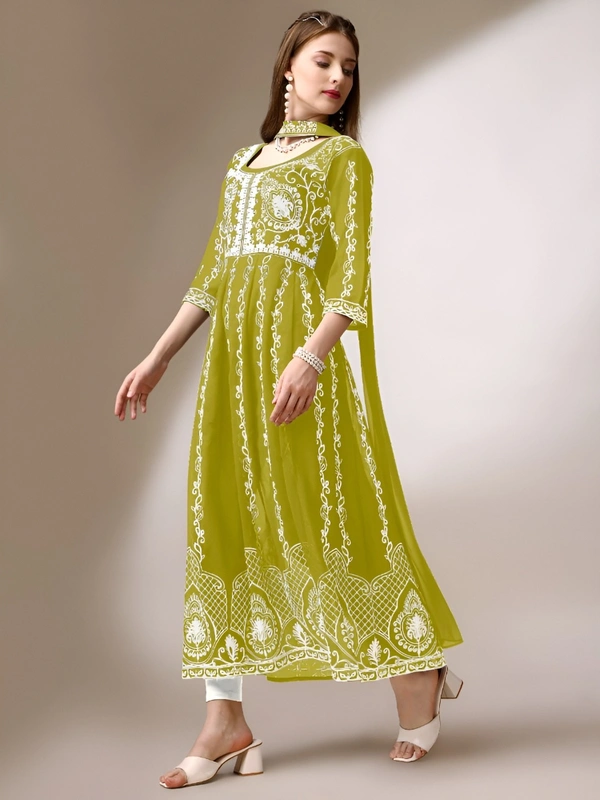 99 Fashion Bazaar Women's Chikankari Kurta with Dupatta Set - Laser Lemon, L