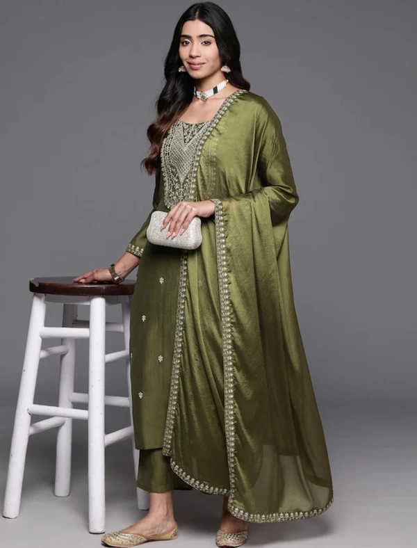 99 Fashion Bazaar Straight Kurti Set in Viscose Chanderi with Embroidery Neck Yoke and Dupatta.  - Fruit Salad, L