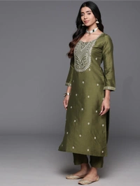 99 Fashion Bazaar Straight Kurti Set in Viscose Chanderi with Embroidery Neck Yoke and Dupatta.  - Fruit Salad, L