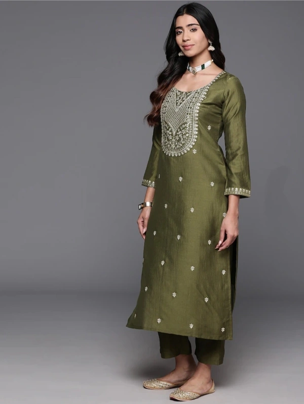 99 Fashion Bazaar Straight Kurti Set in Viscose Chanderi with Embroidery Neck Yoke and Dupatta.  - Fruit Salad, L