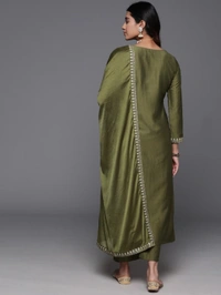 99 Fashion Bazaar Straight Kurti Set in Viscose Chanderi with Embroidery Neck Yoke and Dupatta.  - Fruit Salad, L