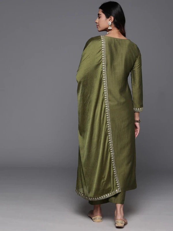 99 Fashion Bazaar Straight Kurti Set in Viscose Chanderi with Embroidery Neck Yoke and Dupatta.  - Fruit Salad, L