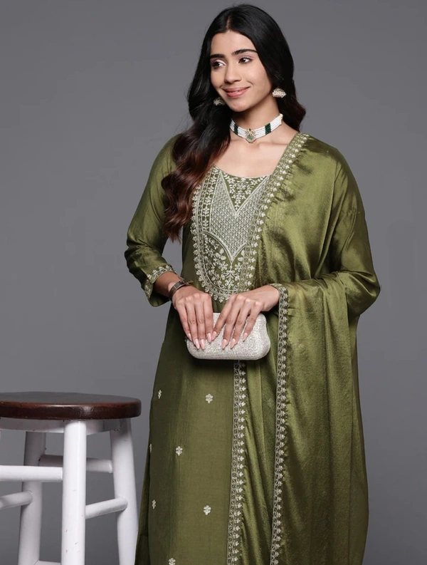 99 Fashion Bazaar Straight Kurti Set in Viscose Chanderi with Embroidery Neck Yoke and Dupatta.  - Fruit Salad, L