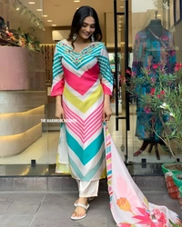 99 Fashion Bazaar Heavy Chinon Fabric Kurti Set with Printed Lace Dupatta - Water Leaf, L