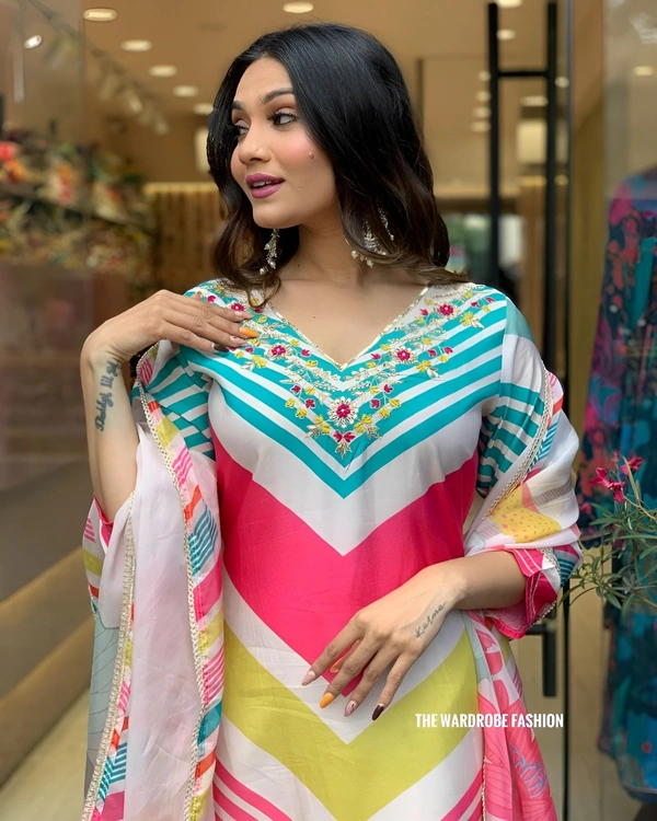 99 Fashion Bazaar Heavy Chinon Fabric Kurti Set with Printed Lace Dupatta - Water Leaf, L