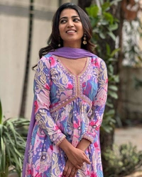 99 Fashion Bazaar  Alia Cut Kurti Set in Muslin Printed Fabric with Dupatta.  - Light Orchid, XL