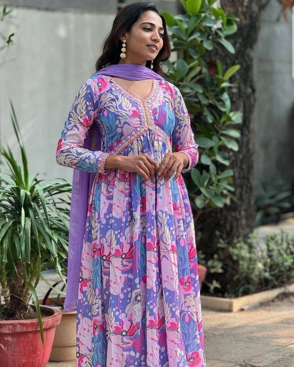 99 Fashion Bazaar  Alia Cut Kurti Set in Muslin Printed Fabric with Dupatta.  - Light Orchid, XL