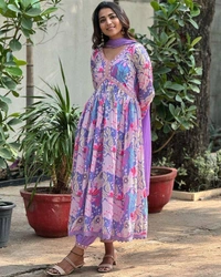 99 Fashion Bazaar  Alia Cut Kurti Set in Muslin Printed Fabric with Dupatta.  - Light Orchid, XL