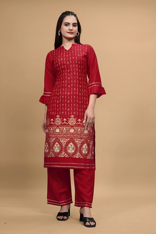 99 Bazaar  Kurta Set in Pure Rayon Foil Printed Fabric  - Bright Red, M