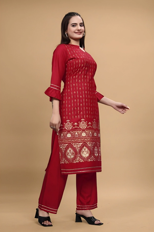 99 Bazaar  Kurta Set in Pure Rayon Foil Printed Fabric  - Bright Red, M