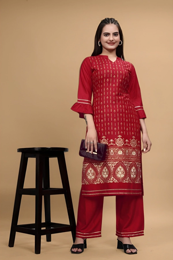 99 Bazaar  Kurta Set in Pure Rayon Foil Printed Fabric  - Bright Red, M