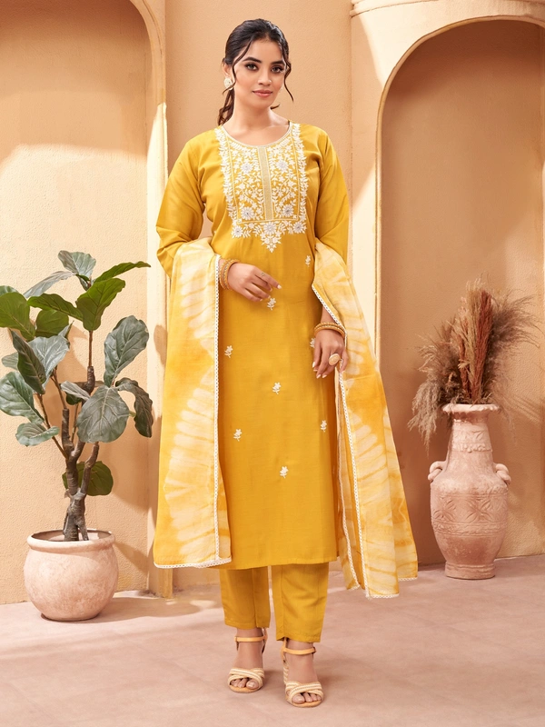 99 Fashion Bazaar Straight Kurti Set in Viscose Chanderi with Embroidery Neck Yoke and Shibori Print Dupatta.  - Web Orange, XXL