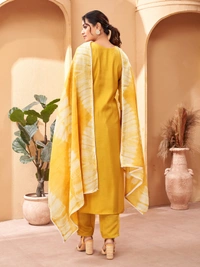99 Fashion Bazaar Straight Kurti Set in Viscose Chanderi with Embroidery Neck Yoke and Shibori Print Dupatta.  - Web Orange, XXL