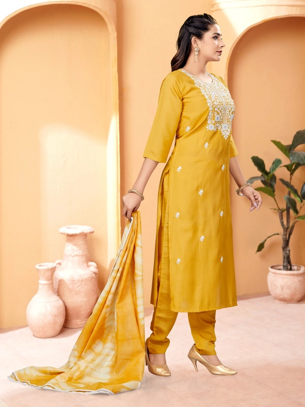 99 Fashion Bazaar Straight Kurti Set in Viscose Chanderi with Embroidery Neck Yoke and Shibori Print Dupatta.  - Web Orange, XXL