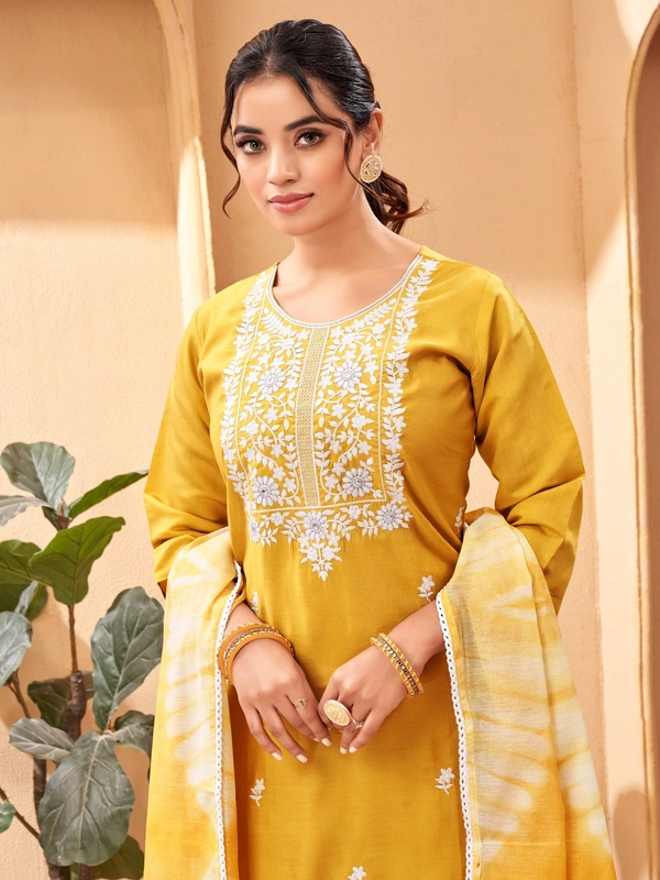 99 Fashion Bazaar Straight Kurti Set in Viscose Chanderi with Embroidery Neck Yoke and Shibori Print Dupatta.  - Web Orange, XL