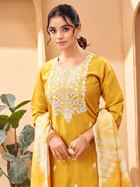 99 Fashion Bazaar Straight Kurti Set in Viscose Chanderi with Embroidery Neck Yoke and Shibori Print Dupatta.  - Web Orange, S