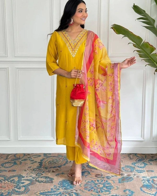 99 Fashion Bazaar Straight Kurti Emboridery Set in Viscose Chanderi Fabric with Printed Dupatta.  - Web Orange, M