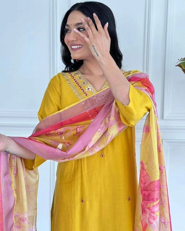 99 Fashion Bazaar Straight Kurti Emboridery Set in Viscose Chanderi Fabric with Printed Dupatta.  - Web Orange, L