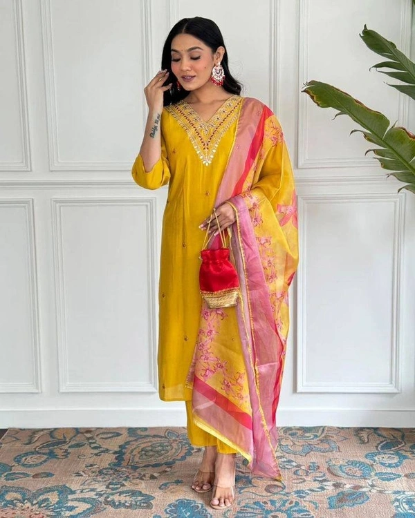 99 Fashion Bazaar Straight Kurti Emboridery Set in Viscose Chanderi Fabric with Printed Dupatta.  - Web Orange, L